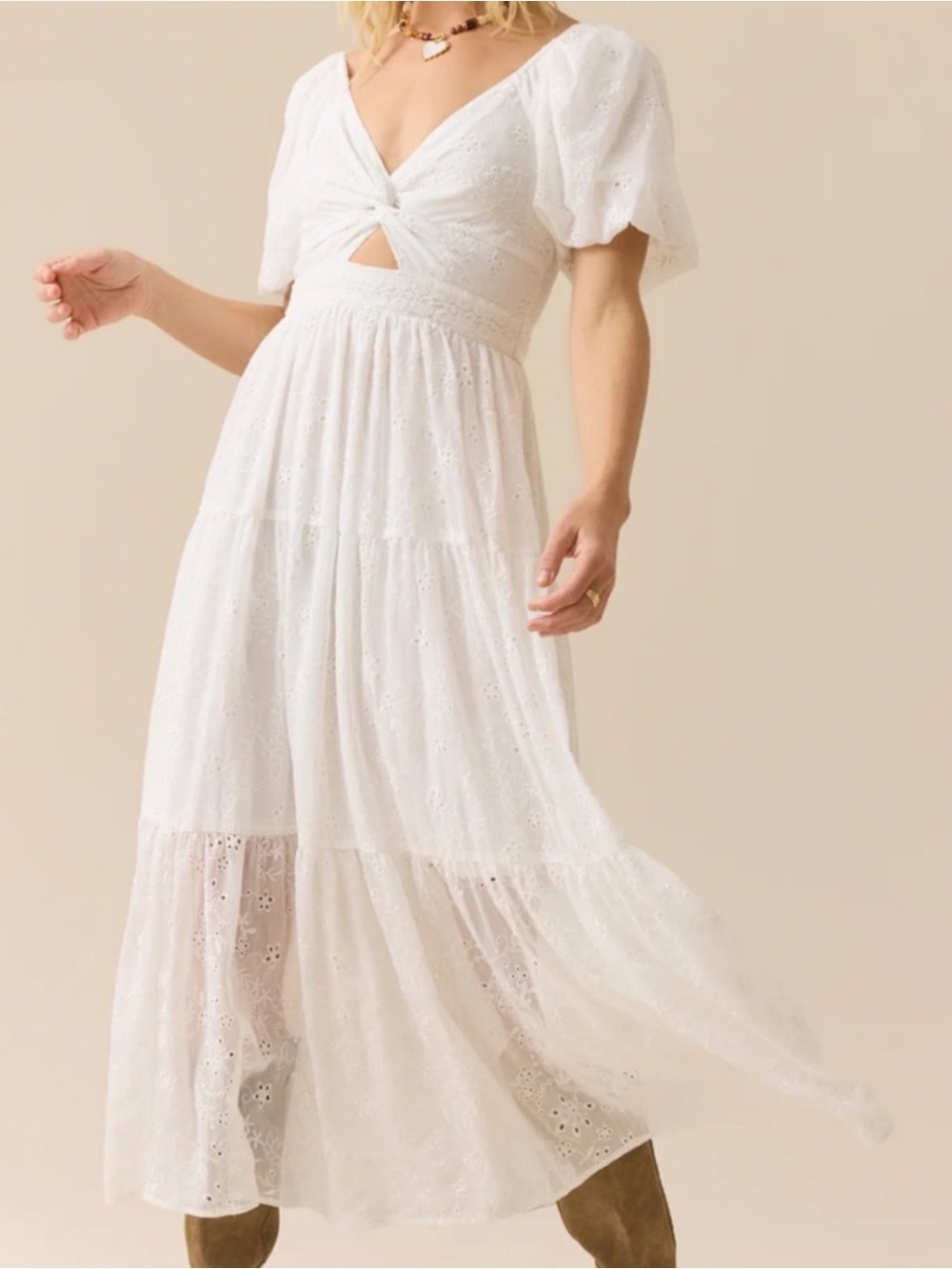 NWT- Altar'd State White Eyelet Twist Bodice Puff Sleeve Flowy Maxi Dress